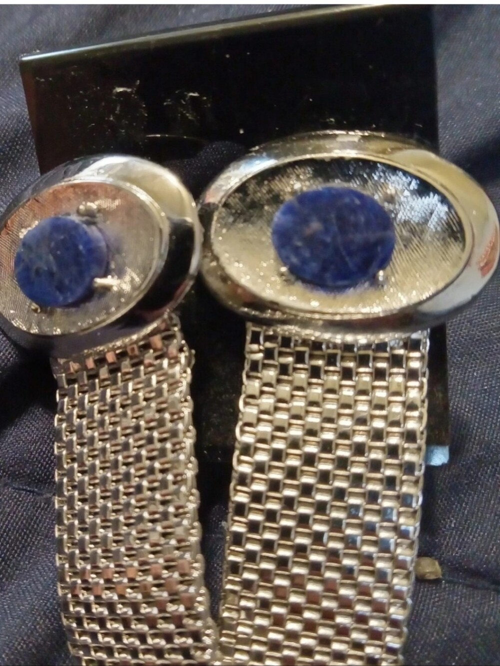 Silver Mesh Cufflinks with Blue Stone Accent